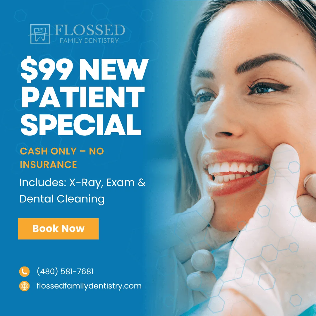 $99 New Patient Special — cash only, no insurance. Includes X-ray, exam and dental cleaning.