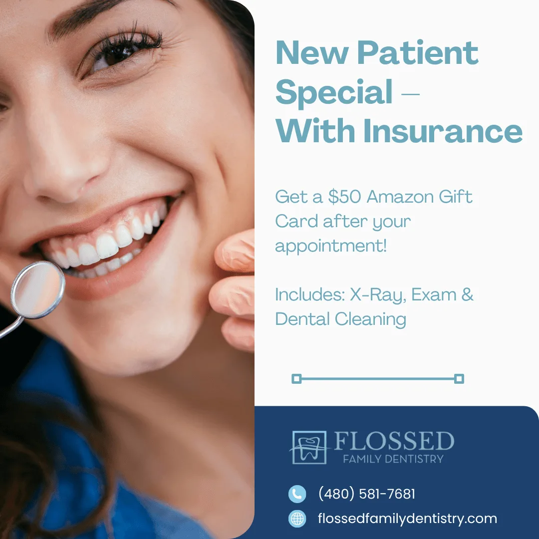 New Patient Special with insurance — receive a $50 Amazon gift card after your appointment. Includes X-ray, exam and dental cleaning.